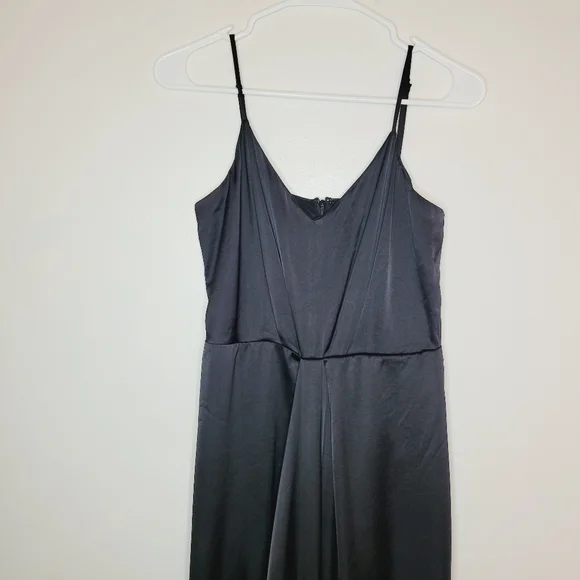 EXPRESS Slip Dress Womens Black Small Satin V-Neck Asymmetrical Midi Coctail - Picture 2 of 12